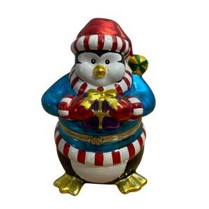 Vtg Mr Christmas Penguin Musical Trinket Box Rotating Ice Skaters Metallic VIDEO